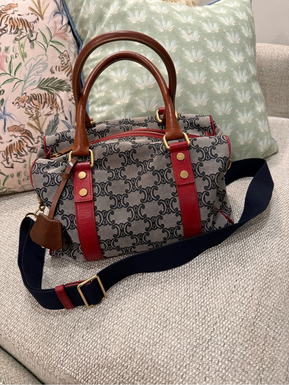 Vintage Celine Macadam Triomphe Boston Bag — Navy Blue & Red - Picture 2 of 16